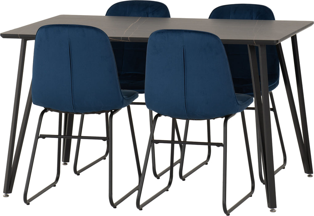 Marlow Dining Set with Lukas Chairs – Black Marble Effect/Black/Sapphire Blue Velvet