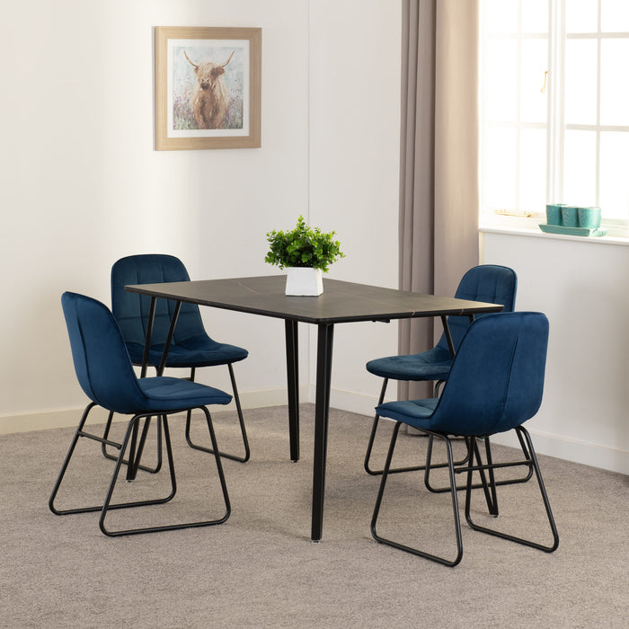 Marlow Dining Set with Lukas Chairs – Black Marble Effect/Black/Sapphire Blue Velvet