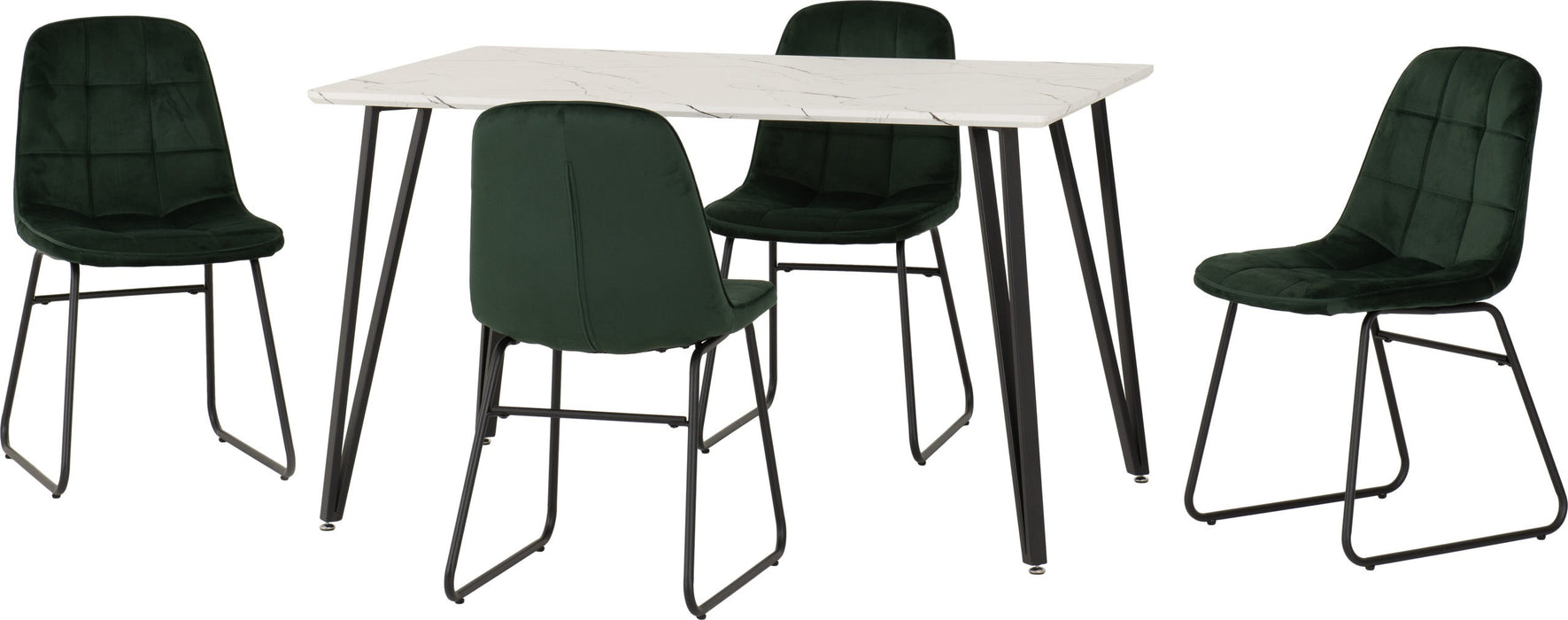 Marlow Dining Set with Lukas Chairs – White Marble Effect/Black/Emerald Green Velvet