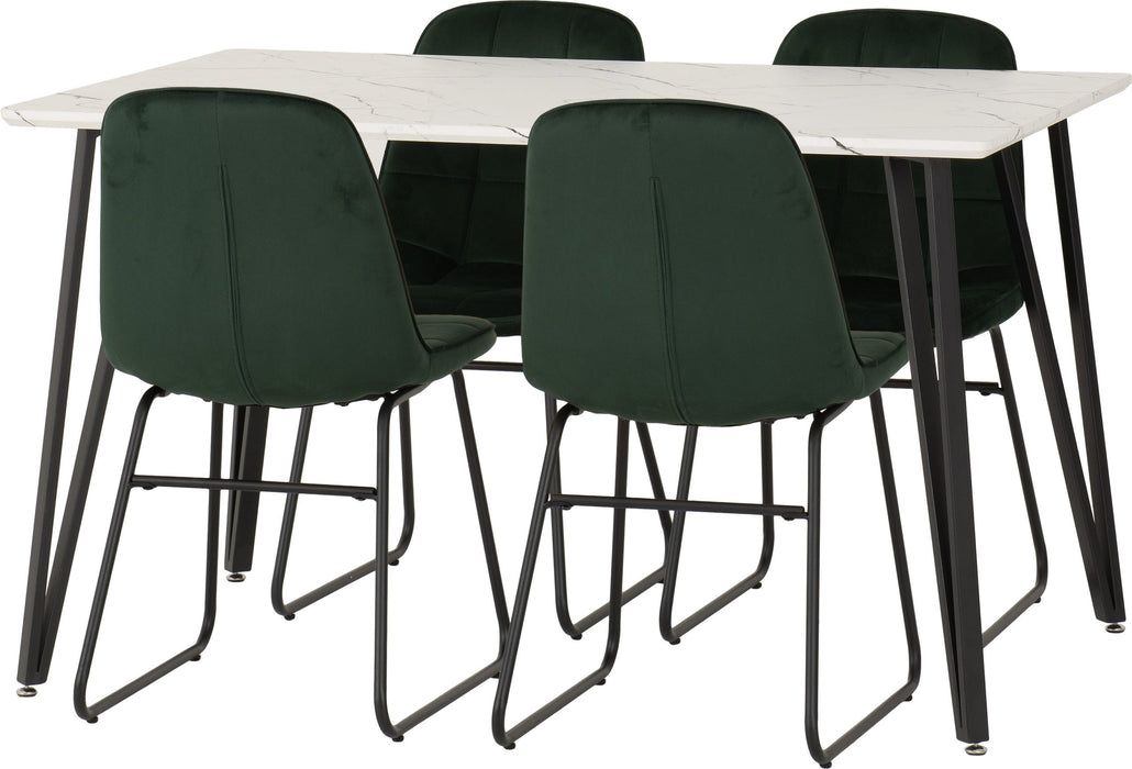 Marlow Dining Set with Lukas Chairs – White Marble Effect/Black/Emerald Green Velvet