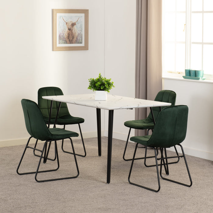 Marlow Dining Set with Lukas Chairs – White Marble Effect/Black/Emerald Green Velvet