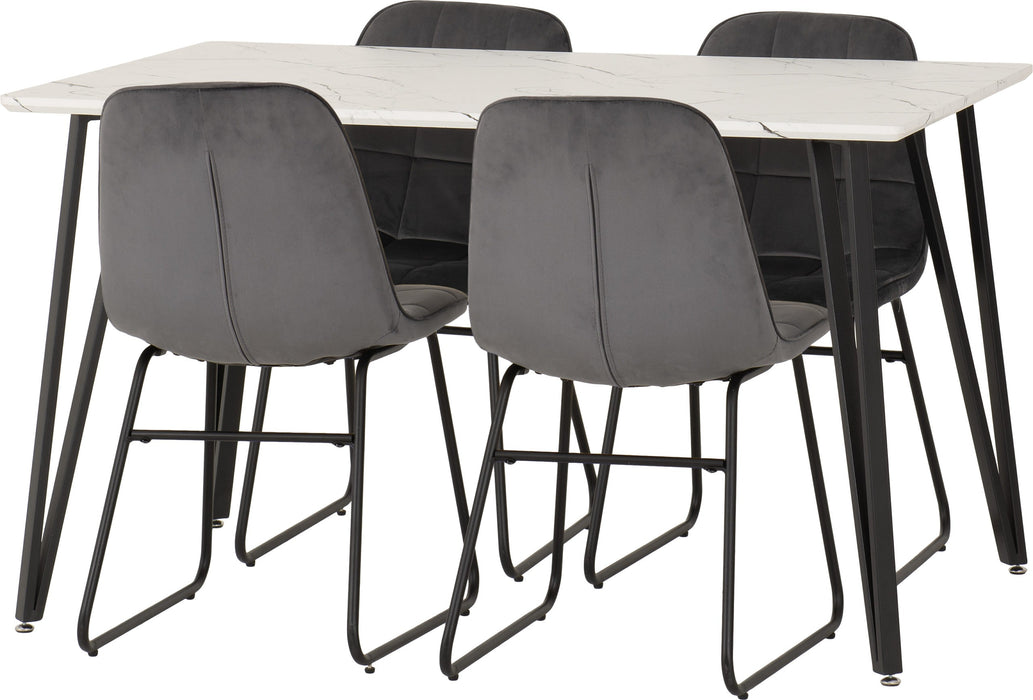 Marlow Dining Set with Lukas Chairs – White Marble Effect/Black/Grey Velvet