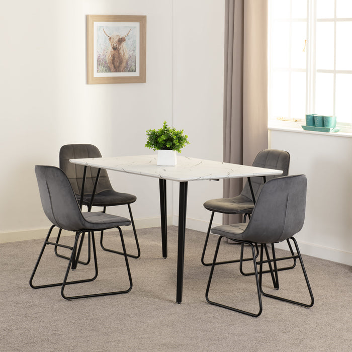 Marlow Dining Set with Lukas Chairs – White Marble Effect/Black/Grey Velvet