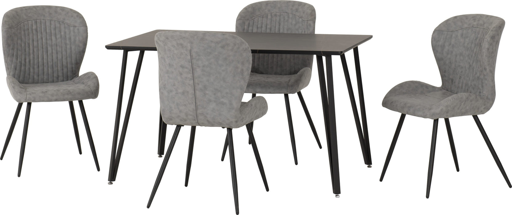 Marlow Dining Set with Quebec Chairs – Black Marble Effect/Black/Grey Faux Leather