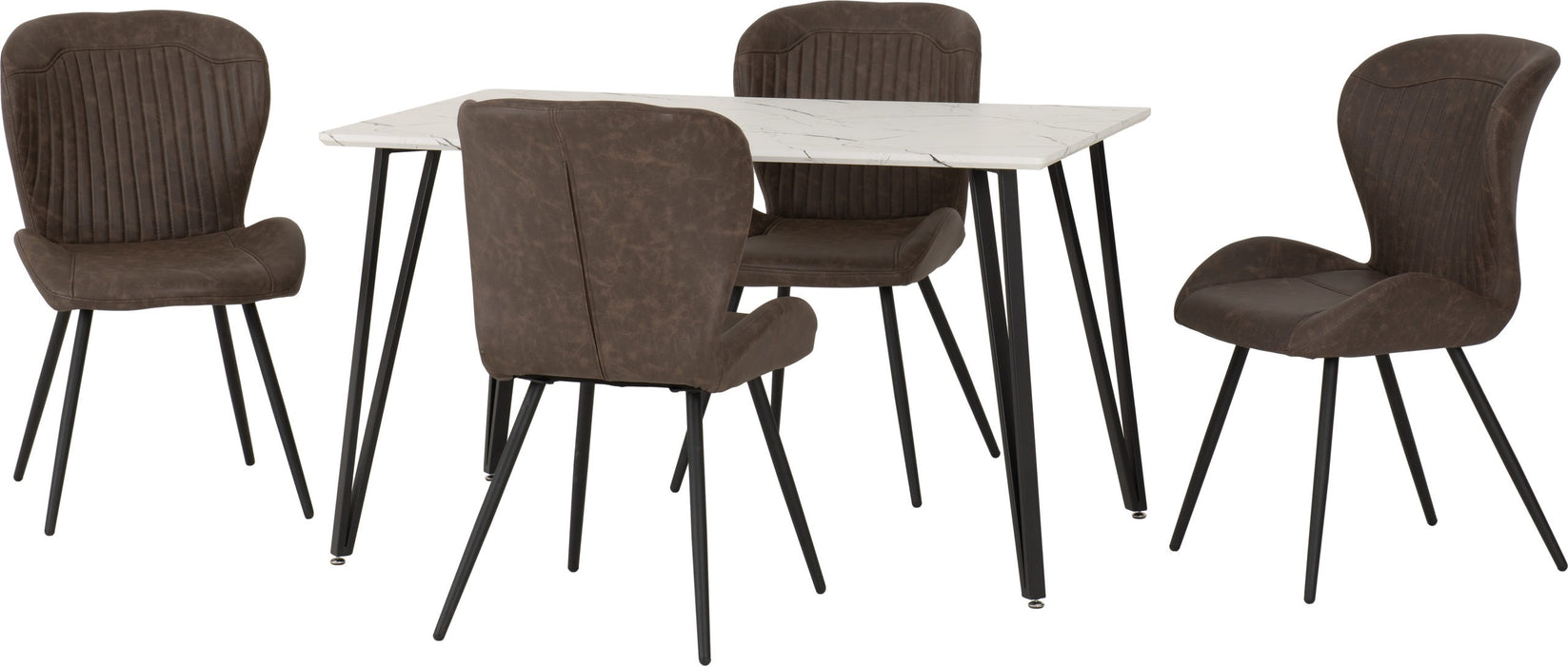 Marlow Dining Set with Quebec Chairs – White Marble Effect/Black/Brown Faux Leather