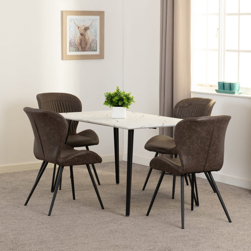 Marlow Dining Set with Quebec Chairs – White Marble Effect/Black/Brown Faux Leather