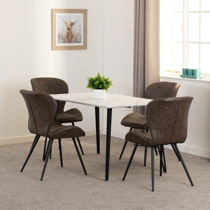 Marlow Dining Set with Quebec Chairs – White Marble Effect/Black/Brown Faux Leather