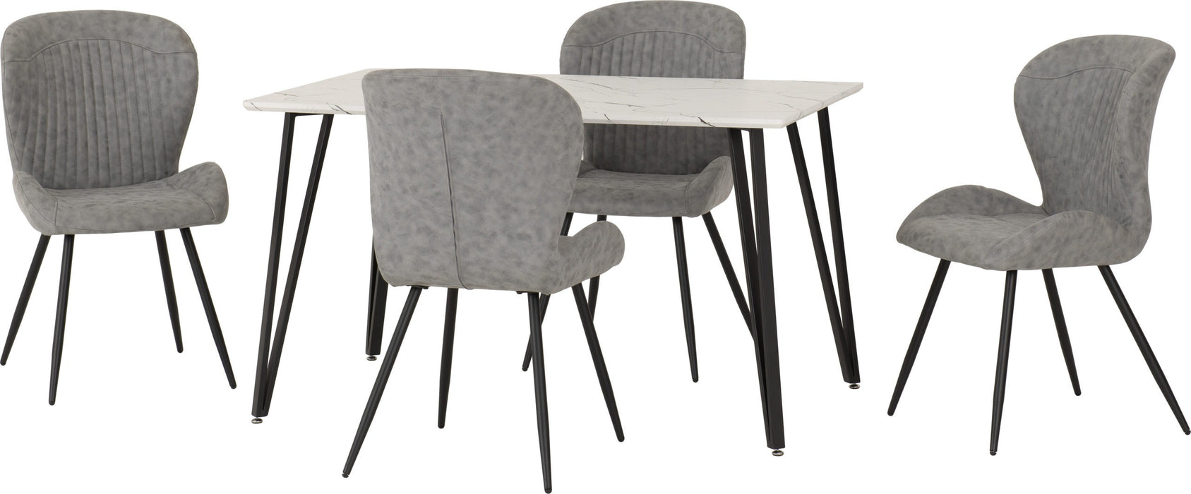 Marlow Dining Set with Quebec Chairs – White Marble Effect/Black/Grey Faux Leather