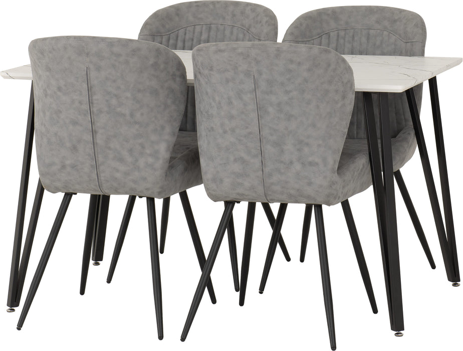 Marlow Dining Set with Quebec Chairs – White Marble Effect/Black/Grey Faux Leather