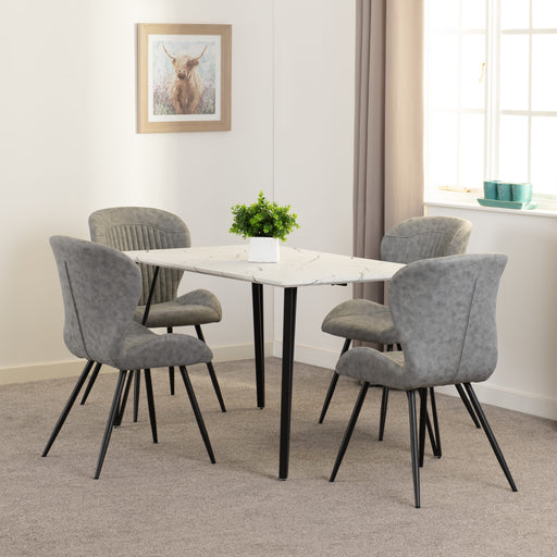 Marlow Dining Set with Quebec Chairs – White Marble Effect/Black/Grey Faux Leather