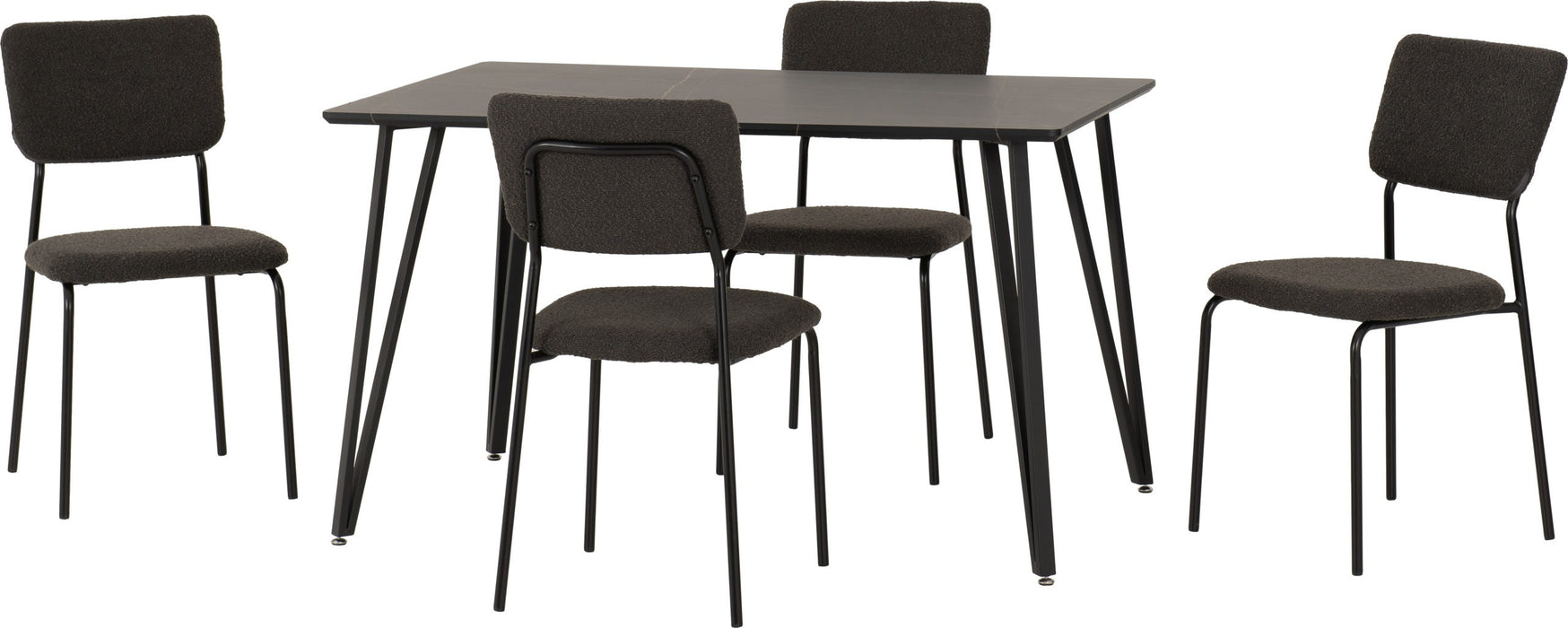 Marlow Dining Set with Sheldon Chairs – Black Marble Effect/Black/Grey Boucle Fabric