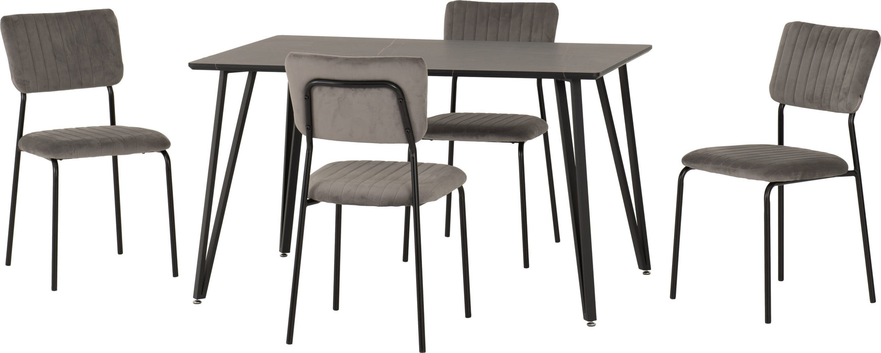 Marlow Dining Set with Sheldon Chairs – Black Marble Effect/Black/Grey Velvet Fabric