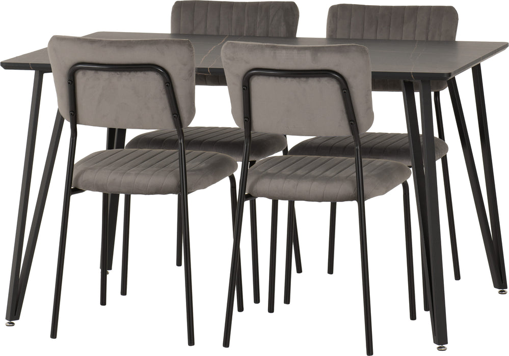 Marlow Dining Set with Sheldon Chairs – Black Marble Effect/Black/Grey Velvet Fabric