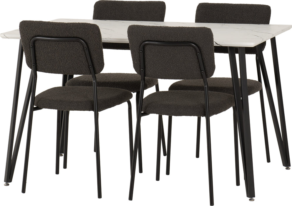 Marlow Dining Set with Sheldon Chairs – White Marble Effect/Black/Grey Boucle Fabric