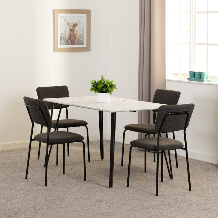Marlow Dining Set with Sheldon Chairs – White Marble Effect/Black/Grey Boucle Fabric