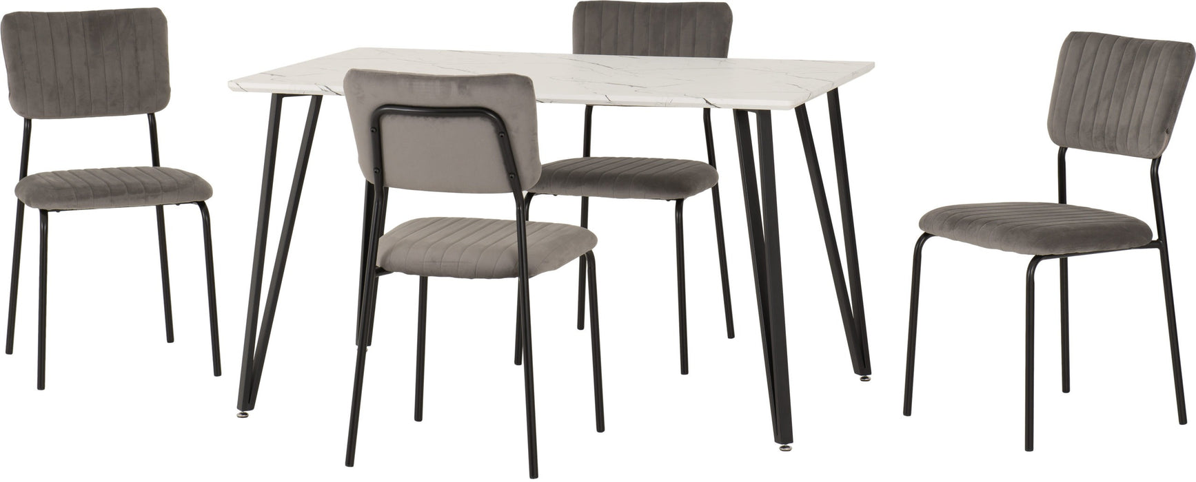 Marlow Dining Set with Sheldon Chairs – White Marble Effect/Black/Grey Velvet Fabric