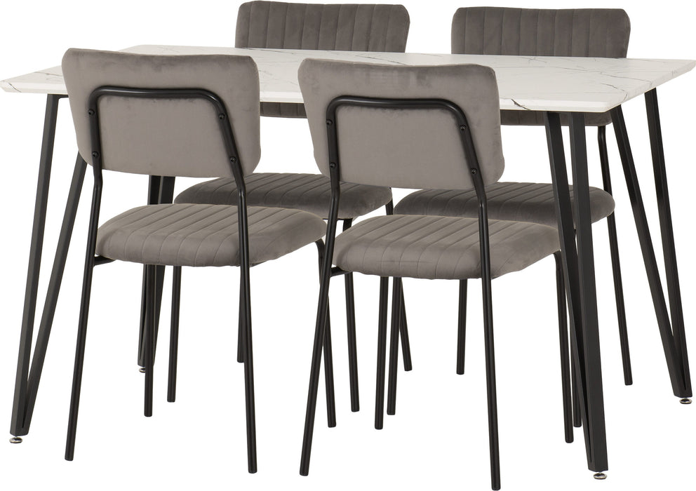 Marlow Dining Set with Sheldon Chairs – White Marble Effect/Black/Grey Velvet Fabric