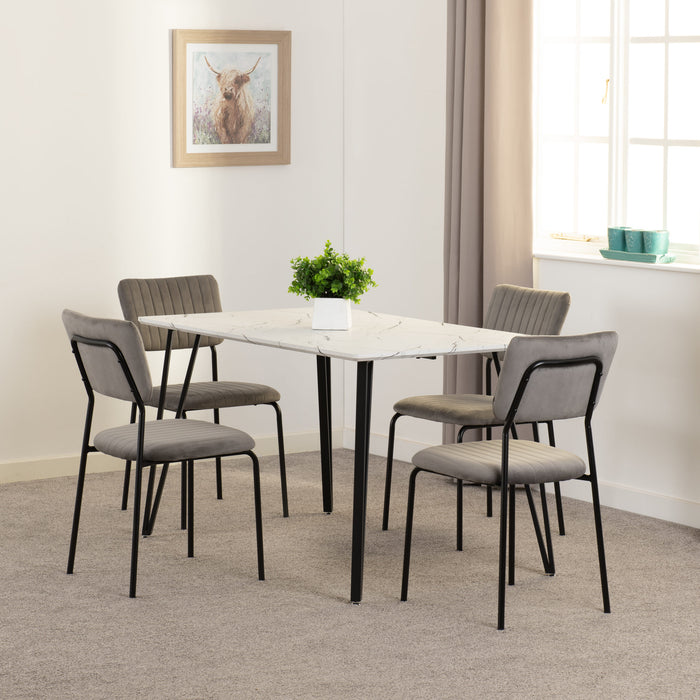 Marlow Dining Set with Sheldon Chairs – White Marble Effect/Black/Grey Velvet Fabric