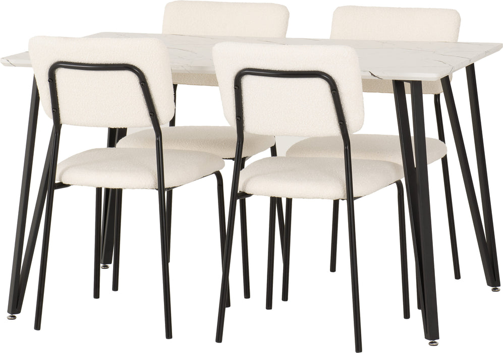 Marlow Dining Set with Sheldon Chairs – White Marble Effect/Black/Ivory Boucle Fabric