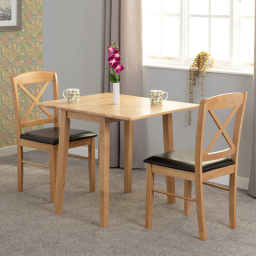 Mason Double Drop Leaf Dining Set – Oak Varnish/Brown Faux Leather