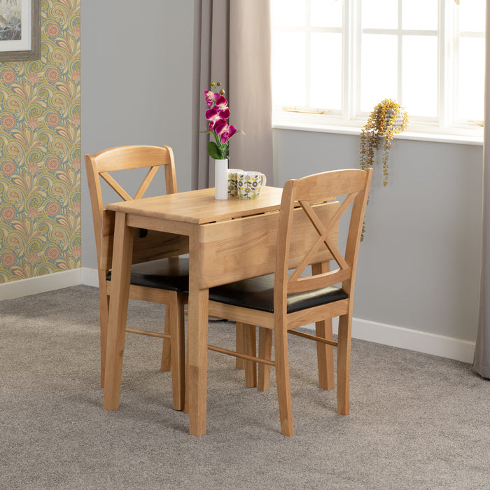 Mason Double Drop Leaf Dining Set – Oak Varnish/Brown Faux Leather