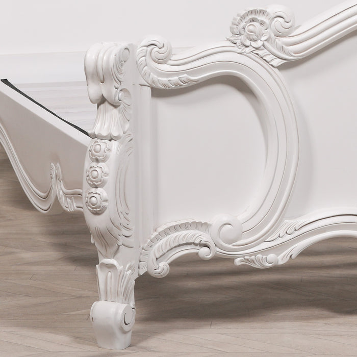 French 5ft Rose Cherub King Size White Carved Bed
