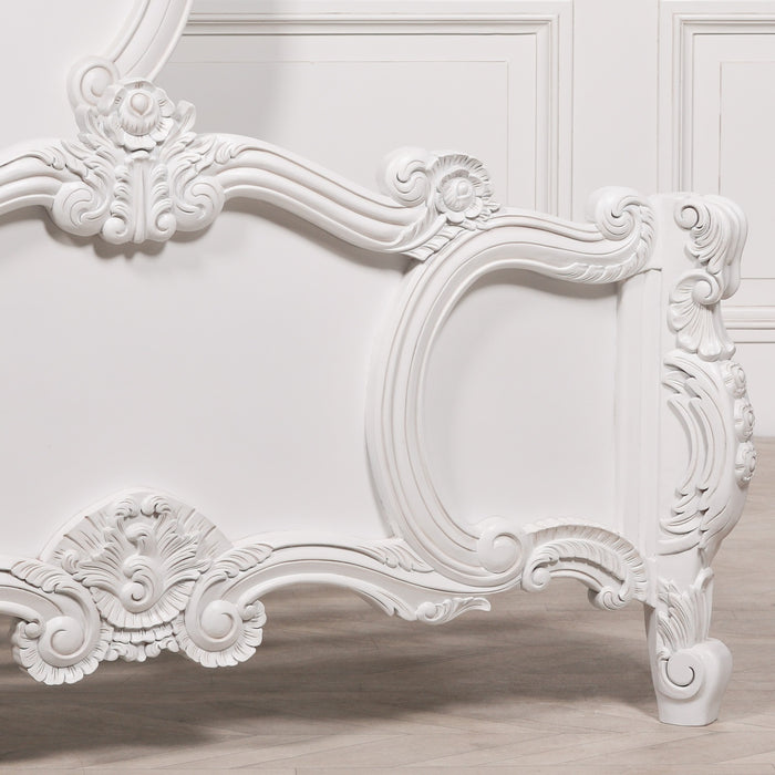 French 5ft Rose Cherub King Size White Carved Bed