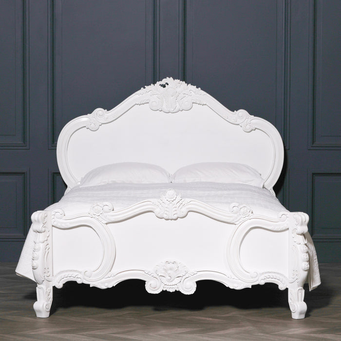 French 5ft Rose Cherub King Size White Carved Bed