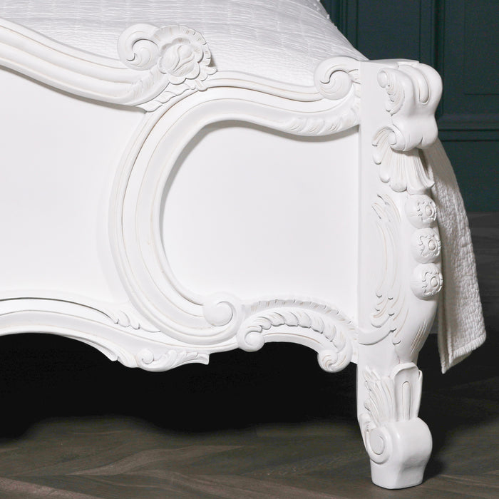 French 5ft Rose Cherub King Size White Carved Bed