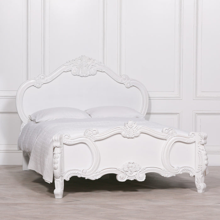 French 5ft Rose Cherub King Size White Carved Bed