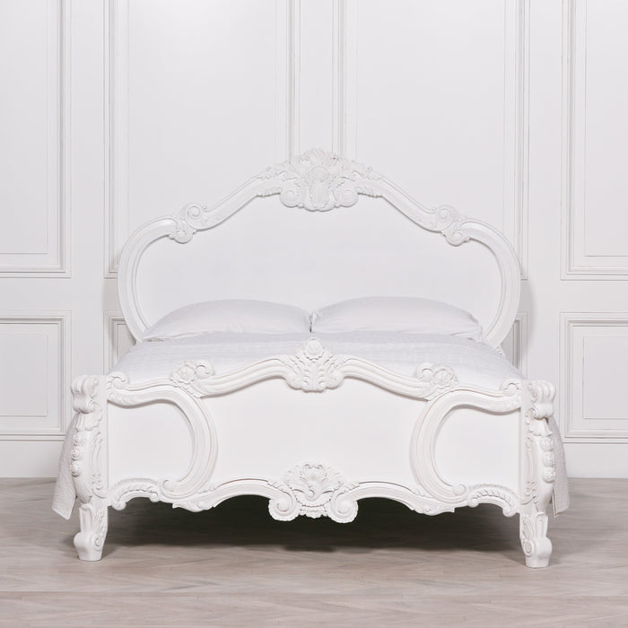 French 5ft Rose Cherub King Size White Carved Bed