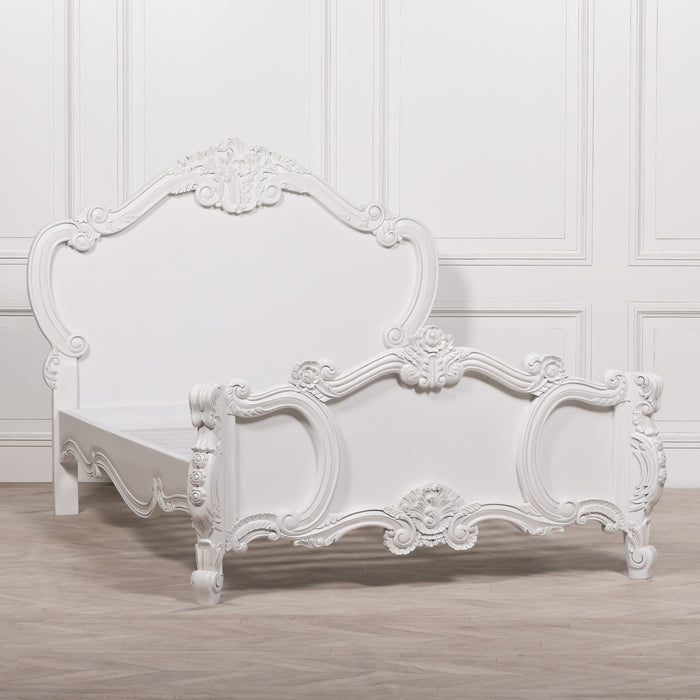 French 5ft Rose Cherub King Size White Carved Bed