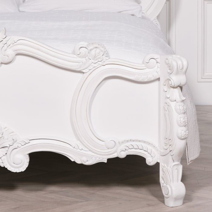 French 5ft Rose Cherub King Size White Carved Bed