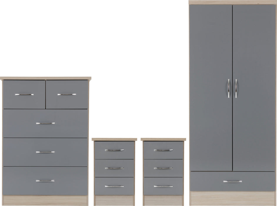 Nevada 2 Door 1 Drawer Wardrobe Bedroom Set - Grey Gloss/ Light oak