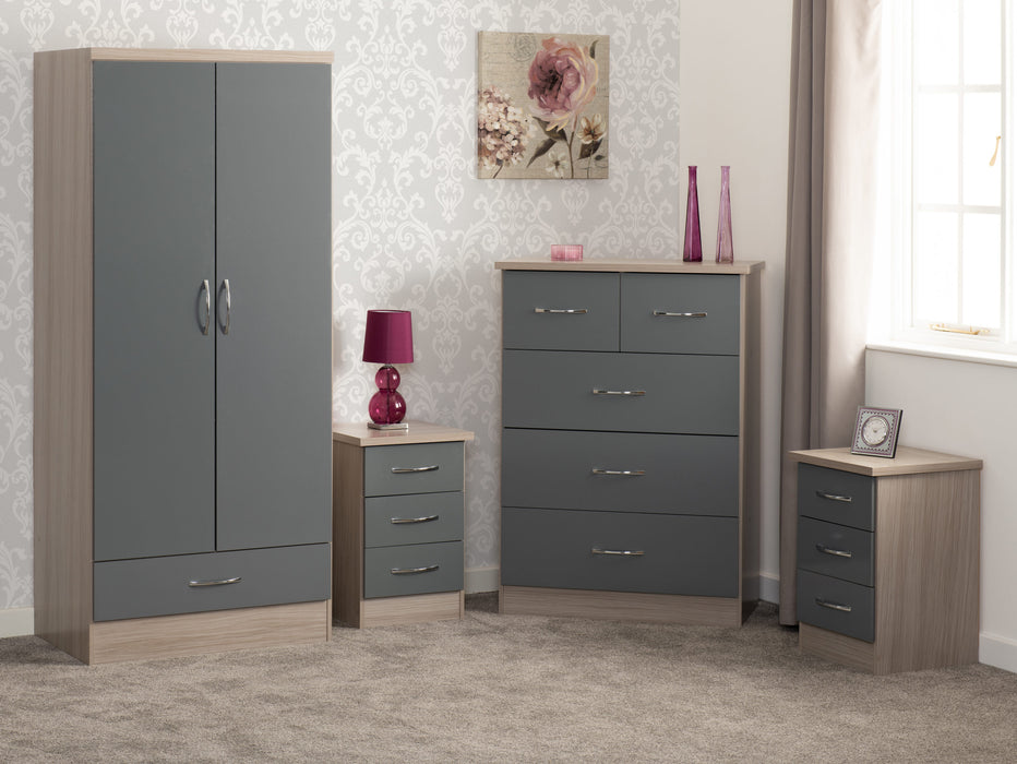Nevada 2 Door 1 Drawer Wardrobe Bedroom Set - Grey Gloss/ Light oak