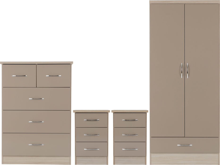 Nevada 2 Door 1 Drawer Wardrobe Bedroom Set – Oyster Gloss / Light Oak Effect Veneer