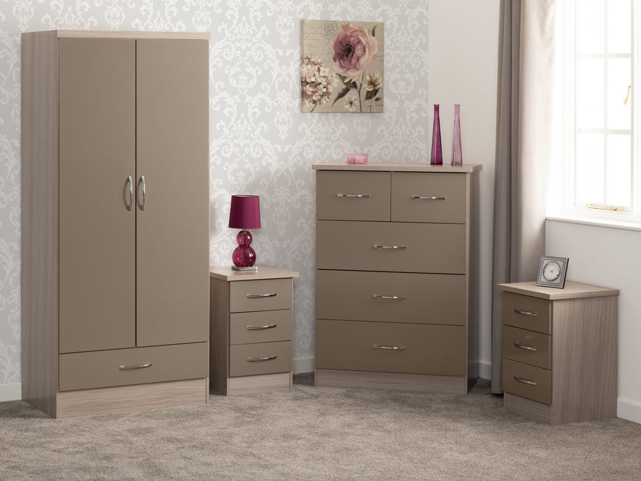 Nevada 2 Door 1 Drawer Wardrobe Bedroom Set – Oyster Gloss / Light Oak Effect Veneer