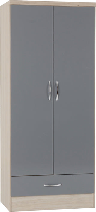 Nevada 2 Door 1 Drawer Wardrobe Bedroom Set - Grey Gloss/ Light oak