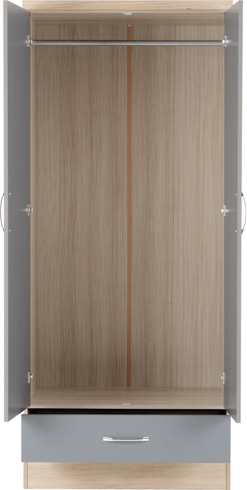 Nevada 2 Door 1 Drawer Wardrobe Bedroom Set - Grey Gloss/ Light oak