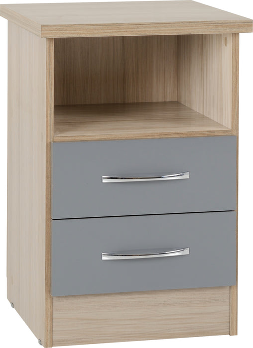 Nevada 2 Drawer Bedside Table - Grey Gloss/ Light Oak Effect Veneer