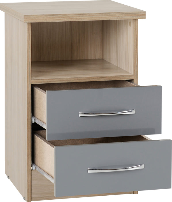 Nevada 2 Drawer Bedside Table - Grey Gloss/ Light Oak Effect Veneer