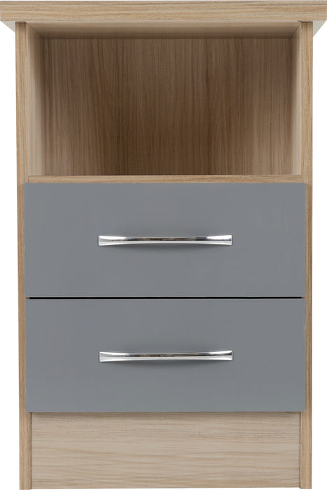 Nevada 2 Drawer Bedside Table - Grey Gloss/ Light Oak Effect Veneer