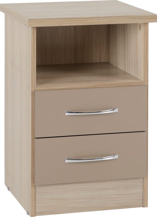 Nevada 2 Drawer Bedside Table – Oyster Gloss/Light Oak Effect Veneer