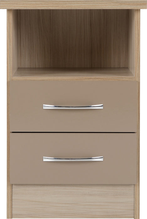Nevada 2 Drawer Bedside Table – Oyster Gloss/Light Oak Effect Veneer