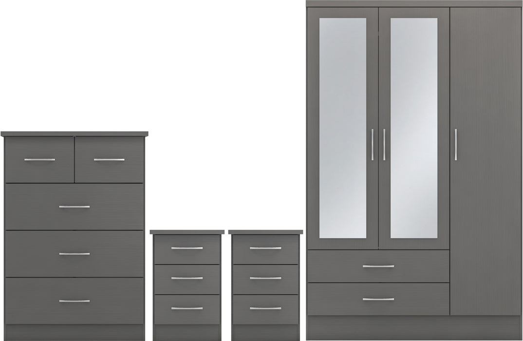 Nevada 3 Door 2 Drawer Mirrored Wardrobe Bedroom Set - 3D Effect Grey