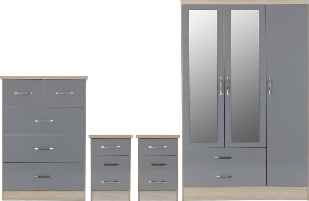 Nevada 3 Door 2 Drawer Mirrored Wardrobe Bedroom Set – Grey Gloss/Light Oak Effect Veneer