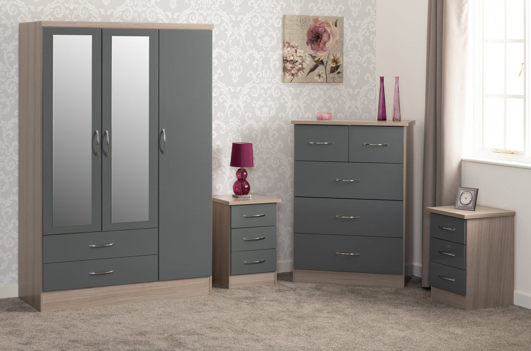 Nevada 3 Door 2 Drawer Mirrored Wardrobe Bedroom Set – Grey Gloss/Light Oak Effect Veneer
