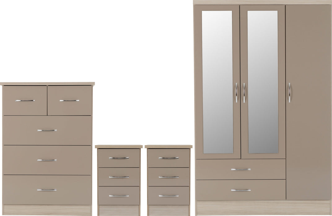 Nevada 3 Door 2 Drawer Mirrored Wardrobe Bedroom Set – Oyster Gloss/Light Oak Effect Veneer