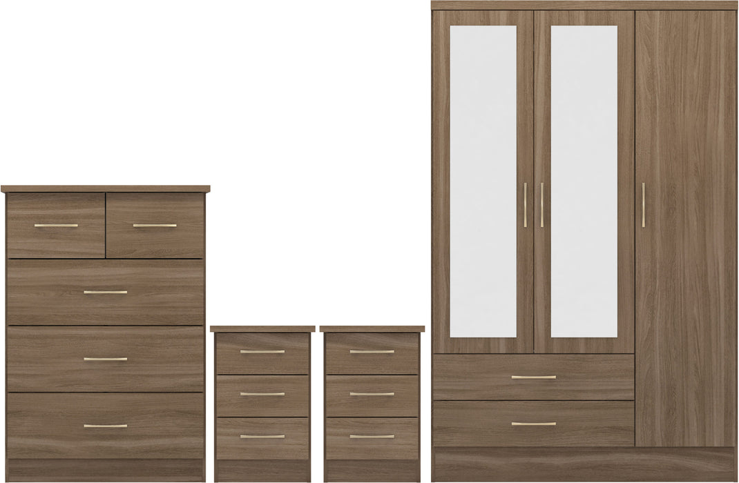 Nevada 3 Door 2 Drawer Mirrored Wardrobe Bedroom Set – Rustic Oak Effect
