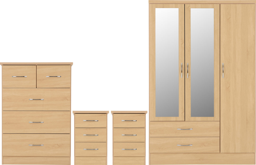 Nevada 3 Door 2 Drawer Mirrored Wardrobe Bedroom Set – Sonoma Oak Effect